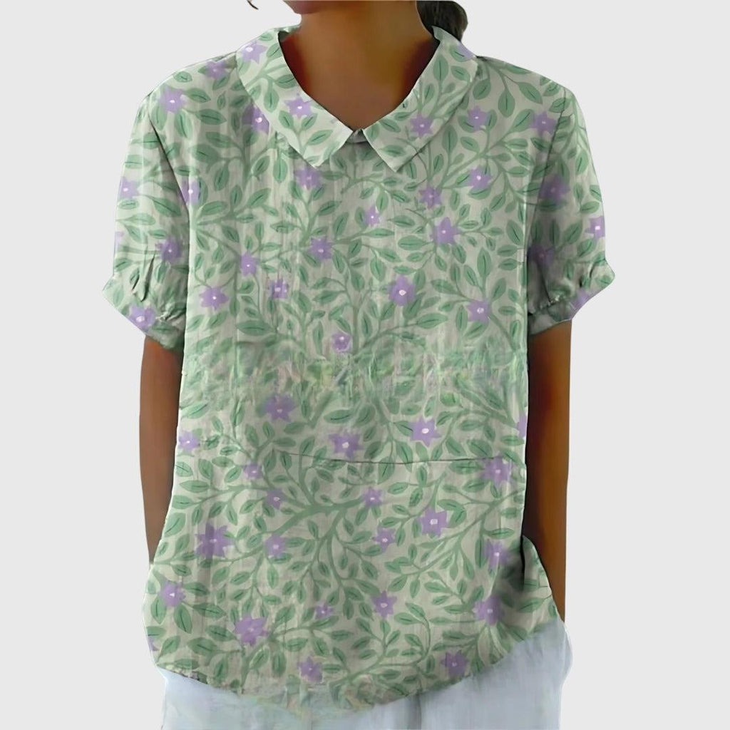 Women's Blouse | Floral Embroidered Collar & Short Sleeve