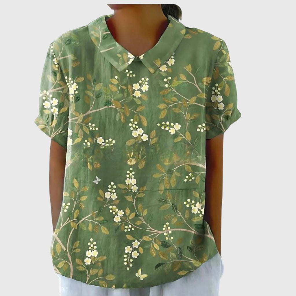 Women's Blouse | Floral Embroidered Collar & Short Sleeve
