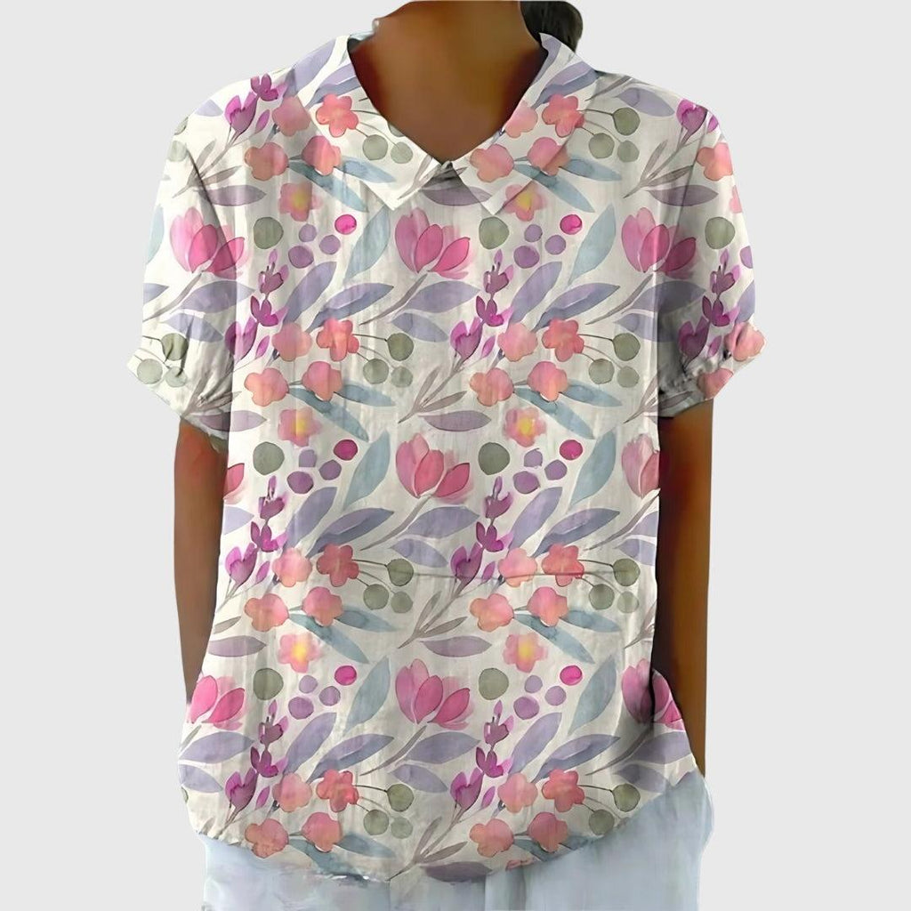 Women's Blouse | Floral Embroidered Collar & Short Sleeve