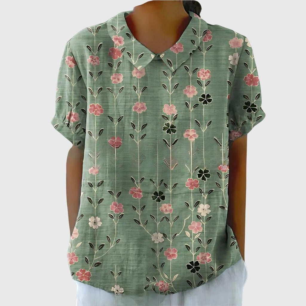 Women's Blouse | Floral Embroidered Collar & Short Sleeve