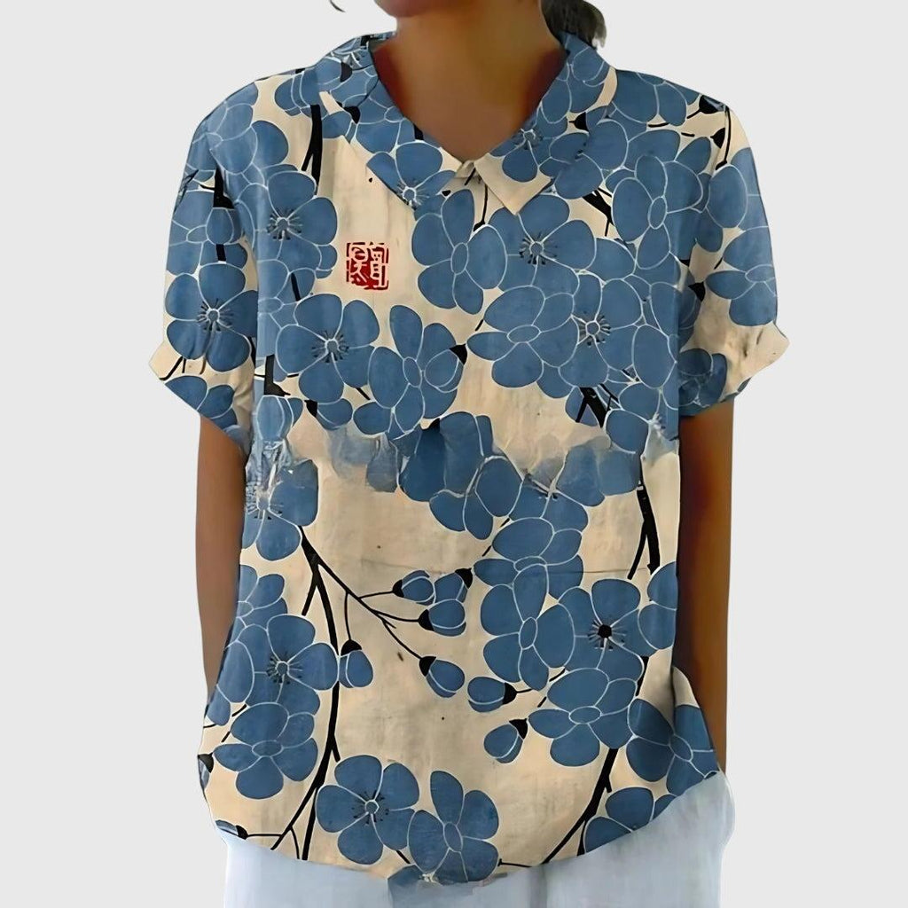 Women's Blouse | Floral Embroidered Collar & Short Sleeve