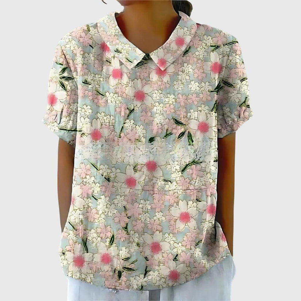 Women's Blouse | Floral Embroidered Collar & Short Sleeve