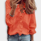 Women's Blouse | Ruffle Trim V-Neck & Long Sleeve