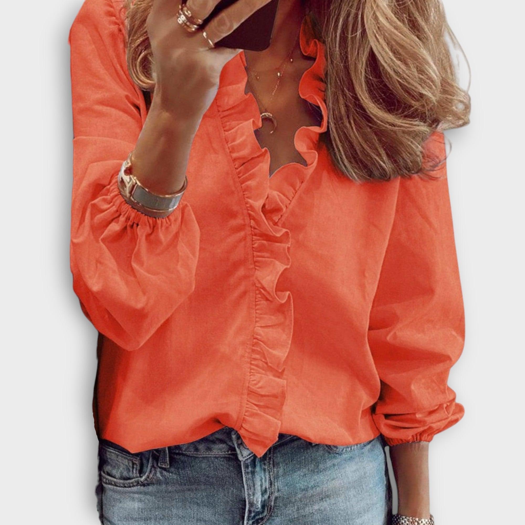 Women's Blouse | Ruffle Trim V-Neck & Long Sleeve