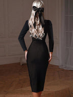 Women's Bodycon Black Midi Dress | Long Sleeve Sweetheart Neckline