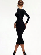 Women's Bodycon Black Midi Dress | Long Sleeve Sweetheart Neckline