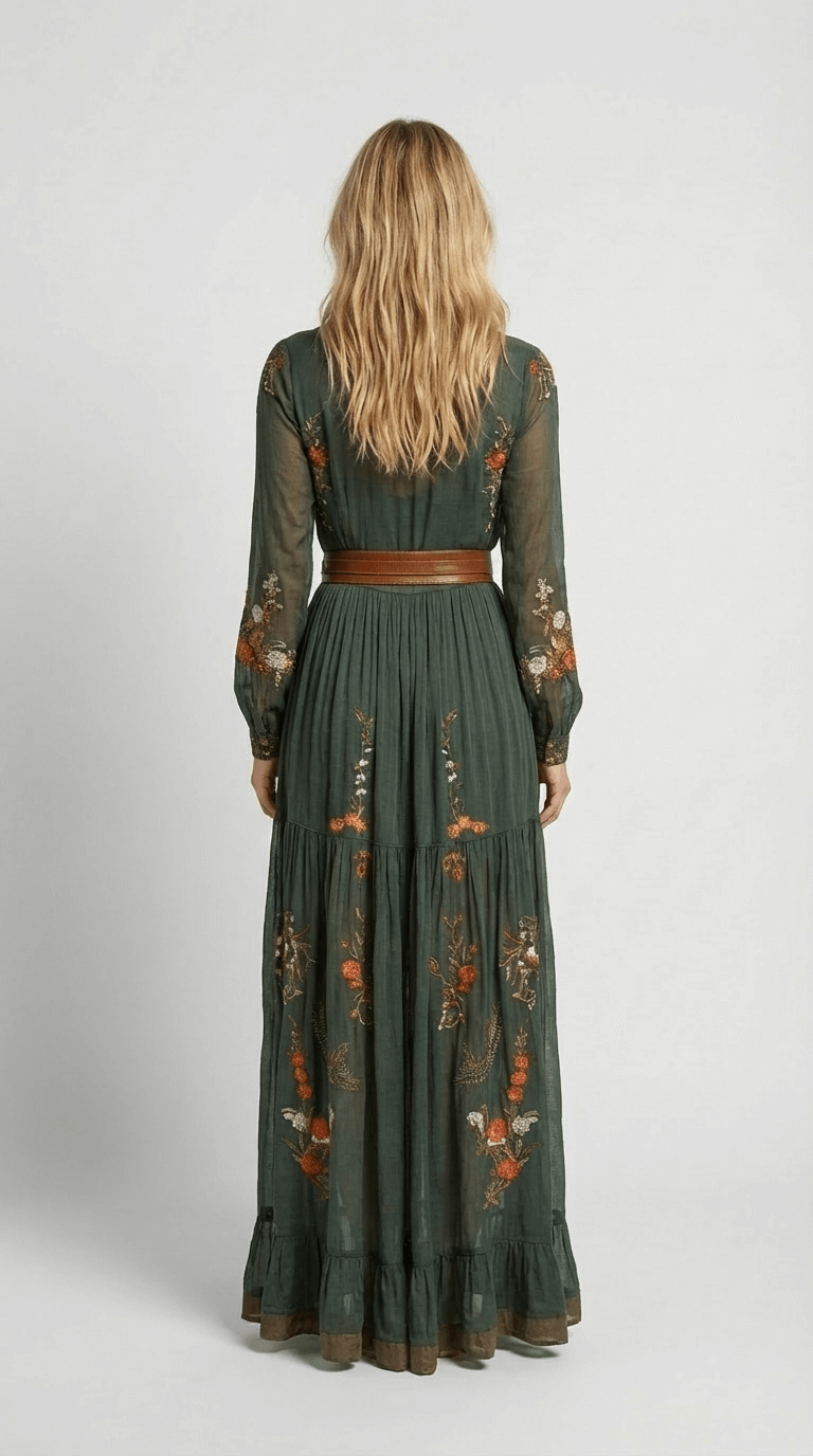 Women's Boho Maxi Dress | Floral Embroidery & Wrap Belt