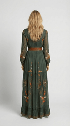 Women's Boho Maxi Dress | Floral Embroidery & Wrap Belt
