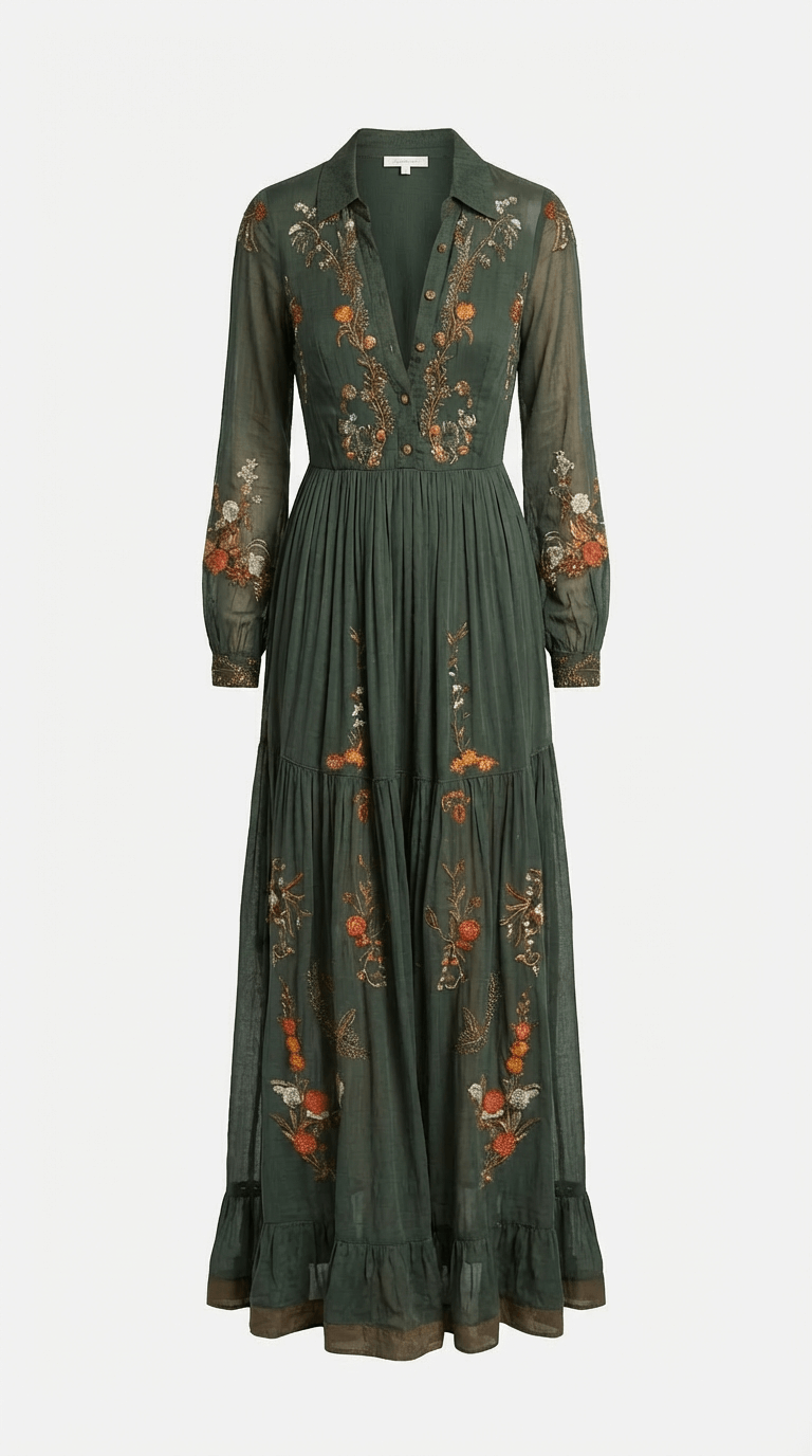 Women's Boho Maxi Dress | Floral Embroidery & Wrap Belt