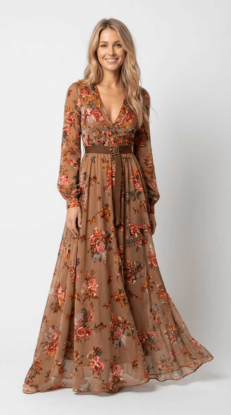 Women's Boho Maxi Dress | Floral Embroidery & Wrap Belt