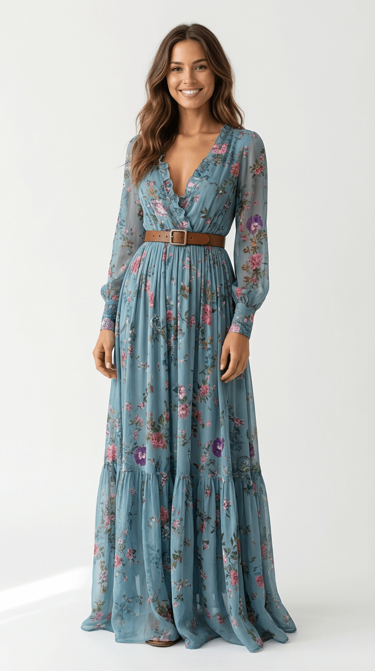 Women's Boho Maxi Dress | Floral Embroidery & Wrap Belt