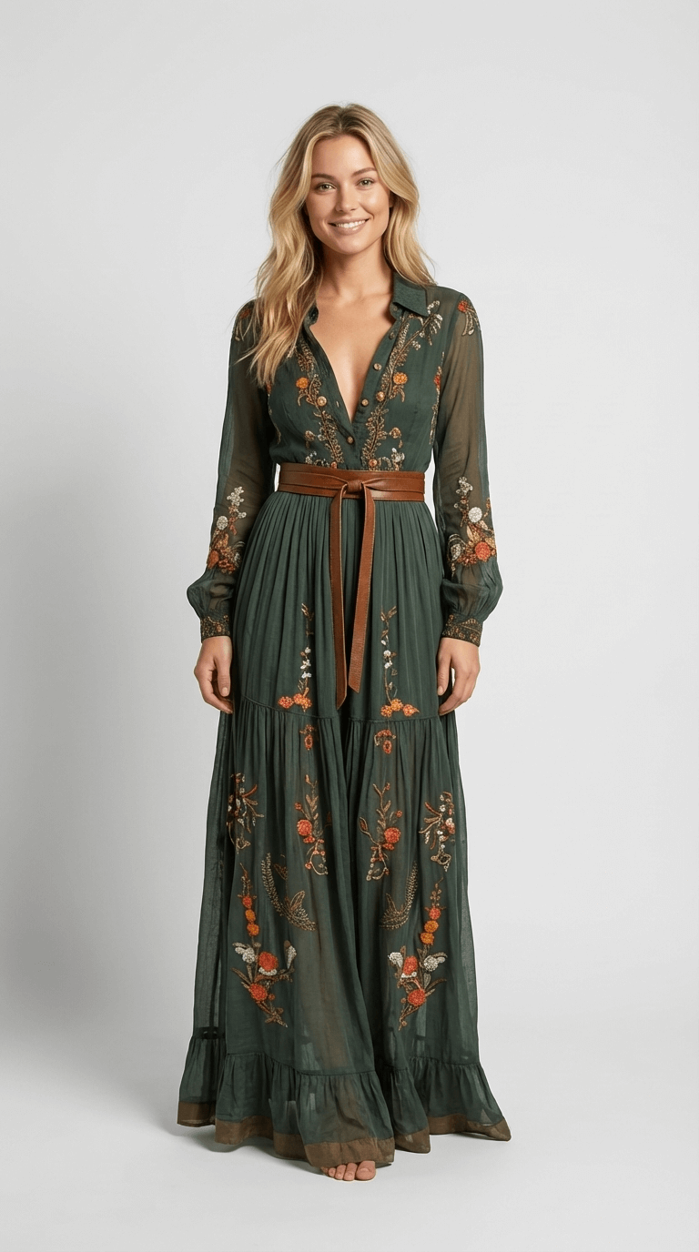 Women's Boho Maxi Dress | Floral Embroidery & Wrap Belt