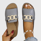 Women's Buckle Sandals | Flat Slip-On Gold Hardware Detail