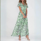 Women's Cocktail Maxi Dress | Floral V-Neck & Flutter Sleeve