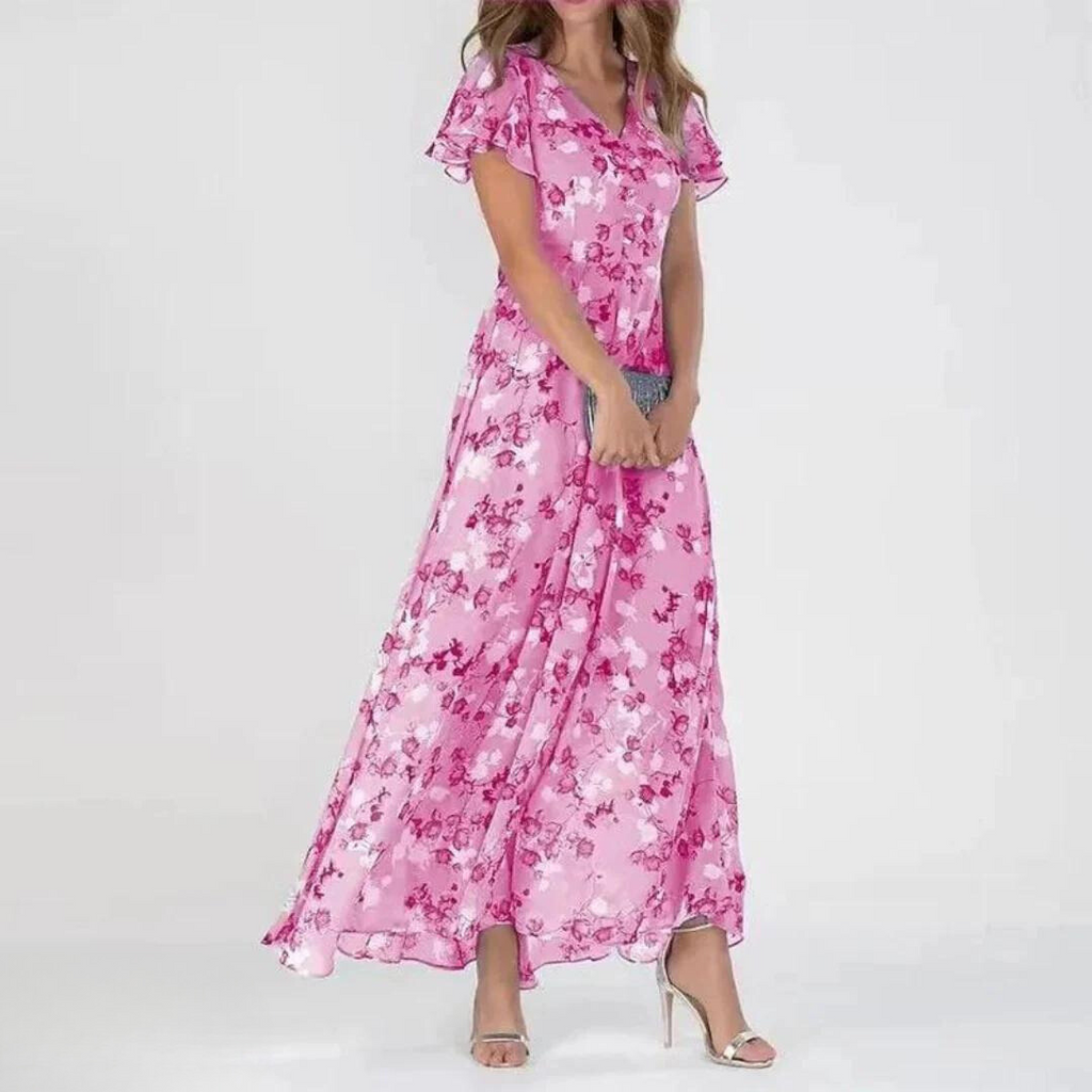 Women's Cocktail Maxi Dress | Floral V-Neck & Flutter Sleeve