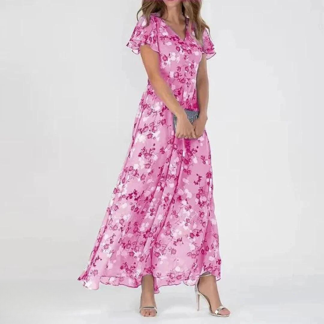 Women's Cocktail Maxi Dress | Floral V-Neck & Flutter Sleeve