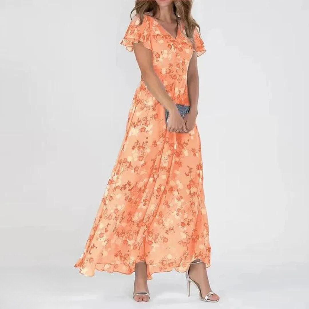 Women's Cocktail Maxi Dress | Floral V-Neck & Flutter Sleeve