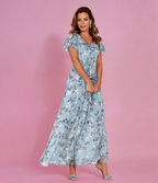 Women's Cocktail Maxi Dress | Floral V-Neck & Flutter Sleeve