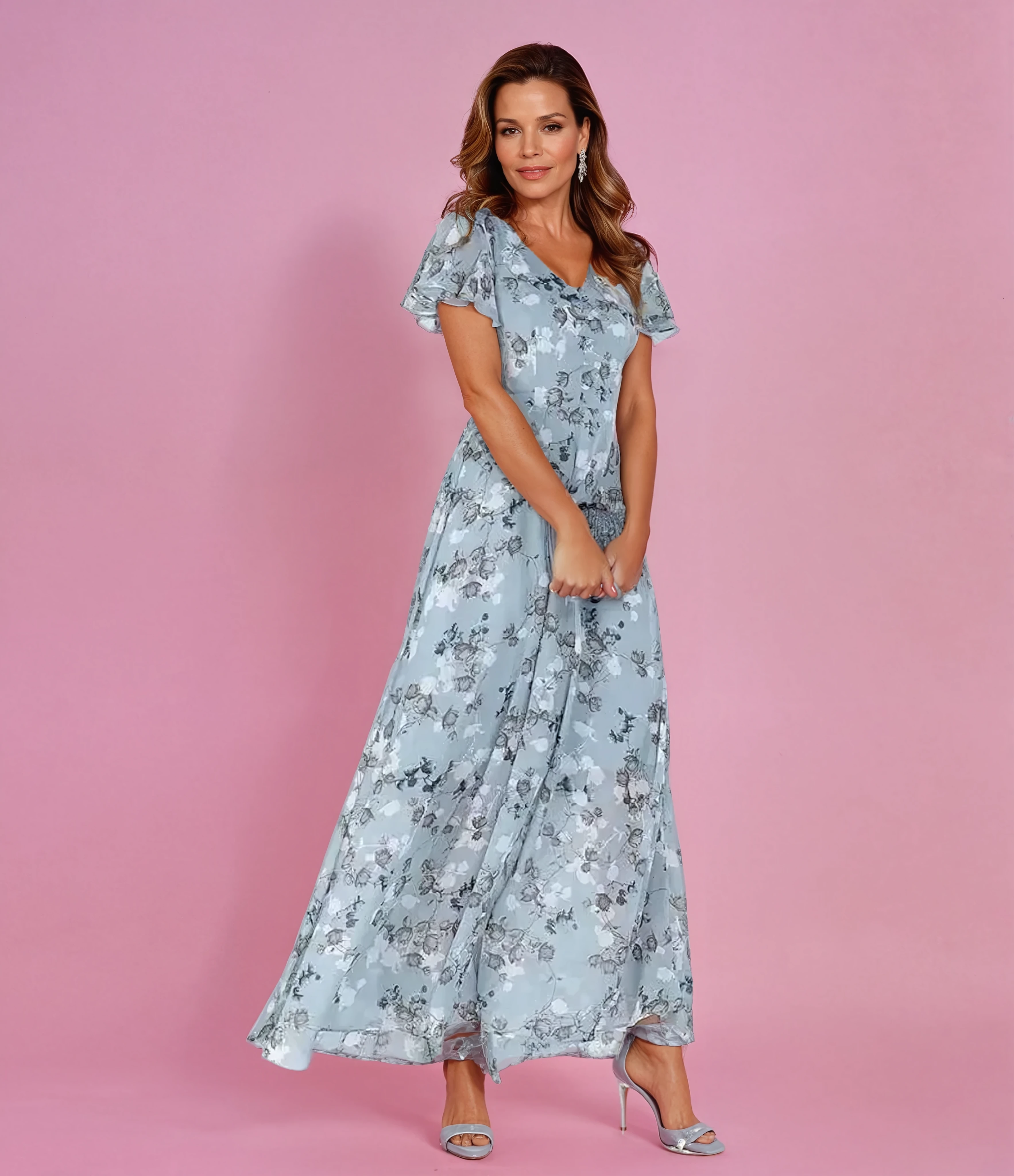 Women's Cocktail Maxi Dress | Floral V-Neck & Flutter Sleeve