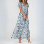Women's Cocktail Maxi Dress | Floral V-Neck & Flutter Sleeve