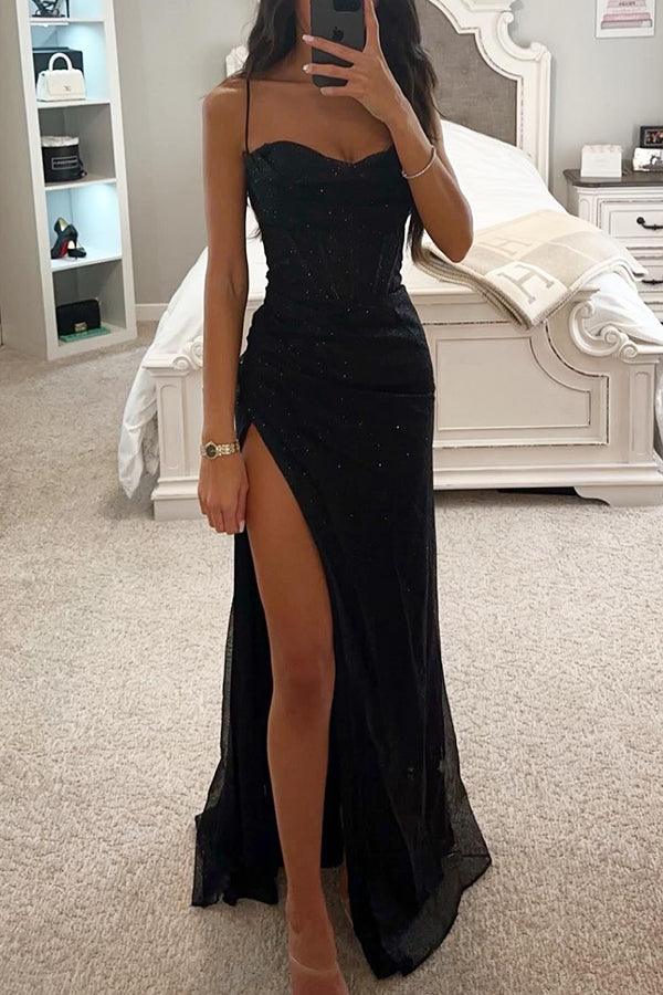Women's Corset Maxi Dress | Spaghetti Strap & Thigh-High Slit