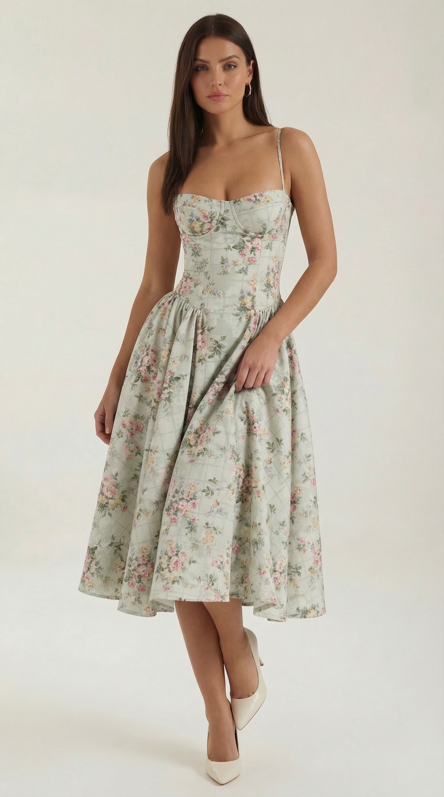 Women's Corset Midi Dress | Floral & Sweetheart Neckline