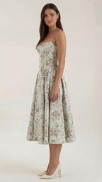 Women's Corset Midi Dress | Floral & Sweetheart Neckline