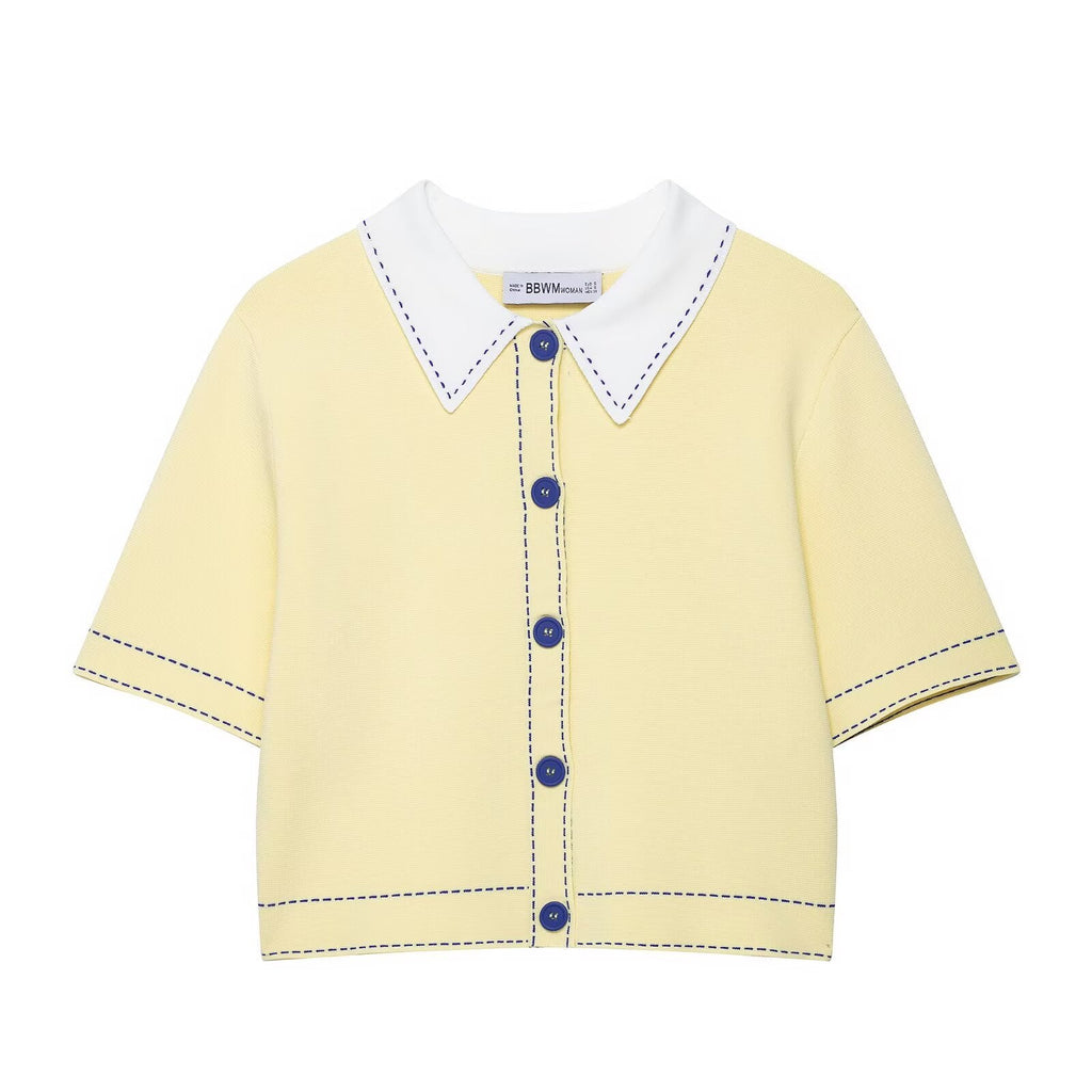 Women's Cropped Cardigan | Contrast Collar Button-Up