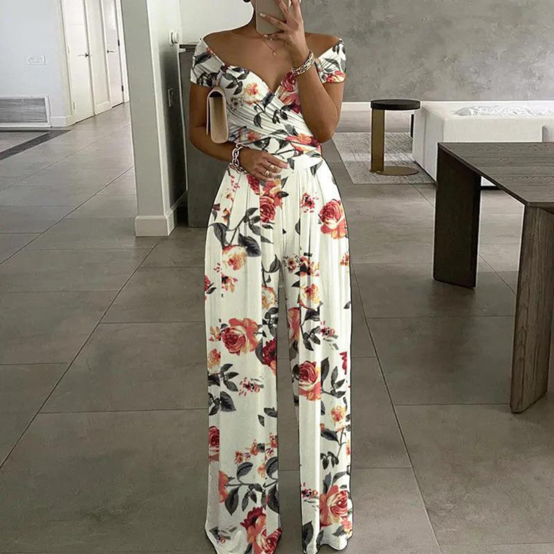 Women's Floral Jumpsuit | Off-Shoulder Wrap & Wide Leg