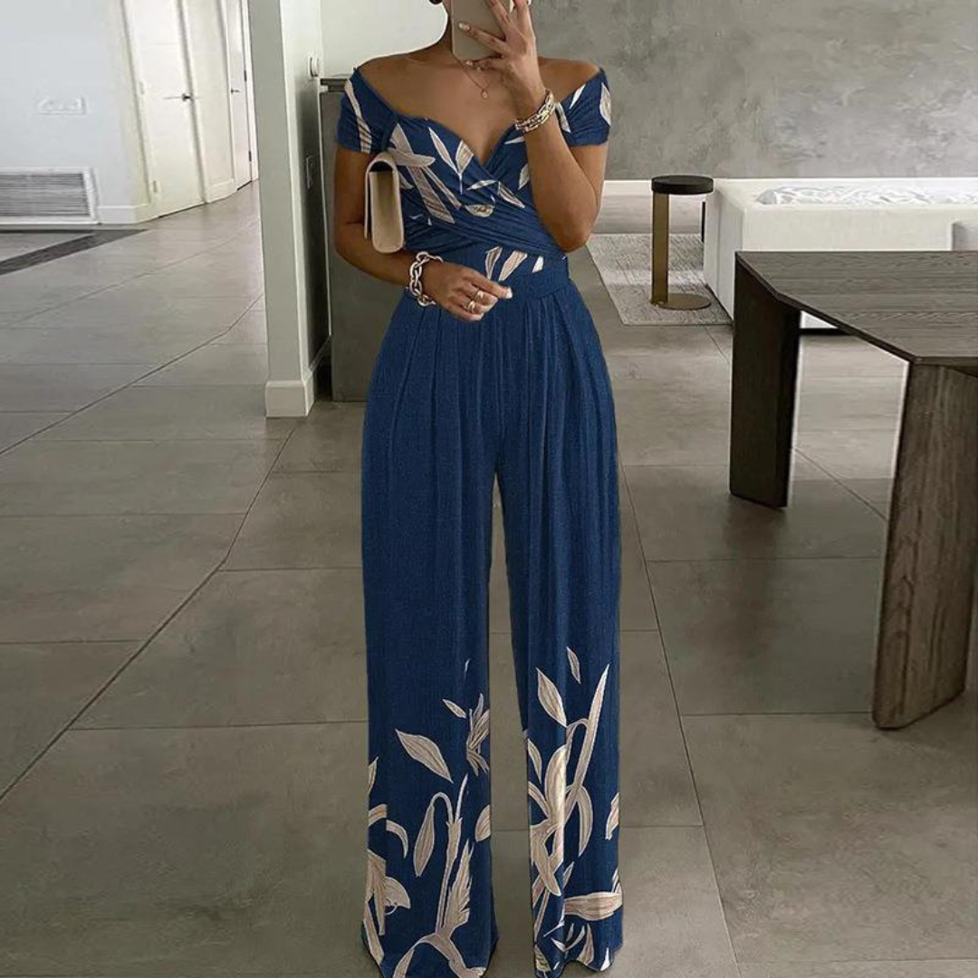Women's Floral Jumpsuit | Off-Shoulder Wrap & Wide Leg