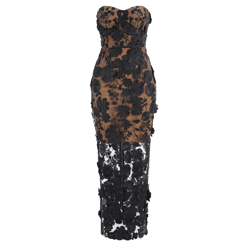 Women's Floral Long Dress | Strapless 3D Embroidered Maxi Gown