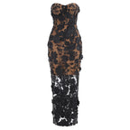 Women's Floral Long Dress | Strapless 3D Embroidered Maxi Gown