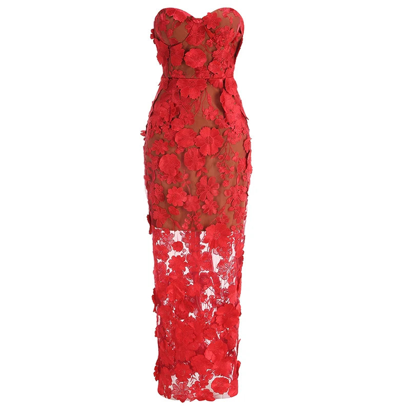 Women's Floral Long Dress | Strapless 3D Embroidered Maxi Gown
