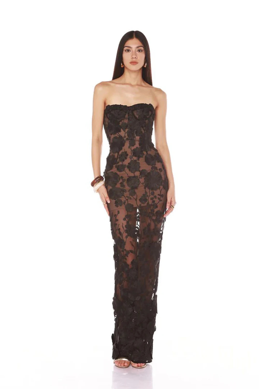 Women's Floral Long Dress | Strapless 3D Embroidered Maxi Gown