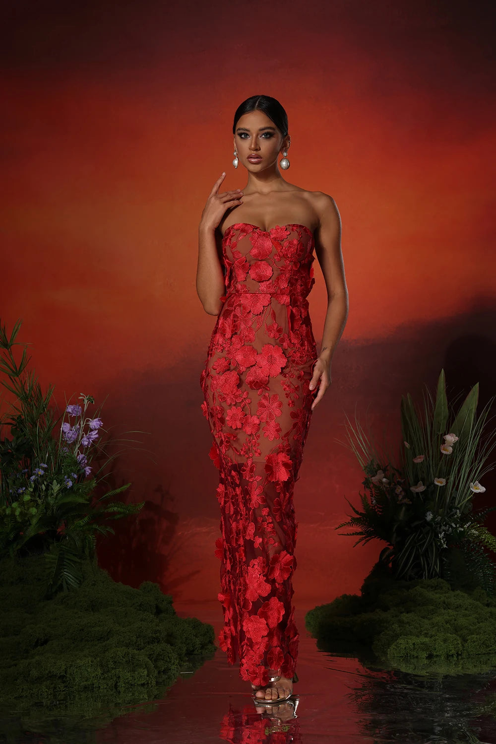 Women's Floral Long Dress | Strapless 3D Embroidered Maxi Gown