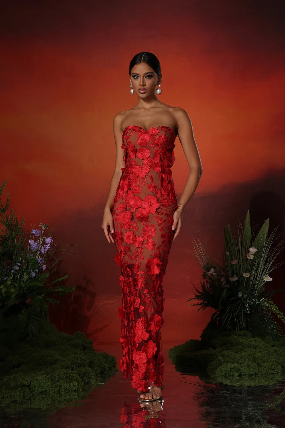 Women's Floral Long Dress | Strapless 3D Embroidered Maxi Gown