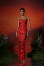 Women's Floral Long Dress | Strapless 3D Embroidered Maxi Gown