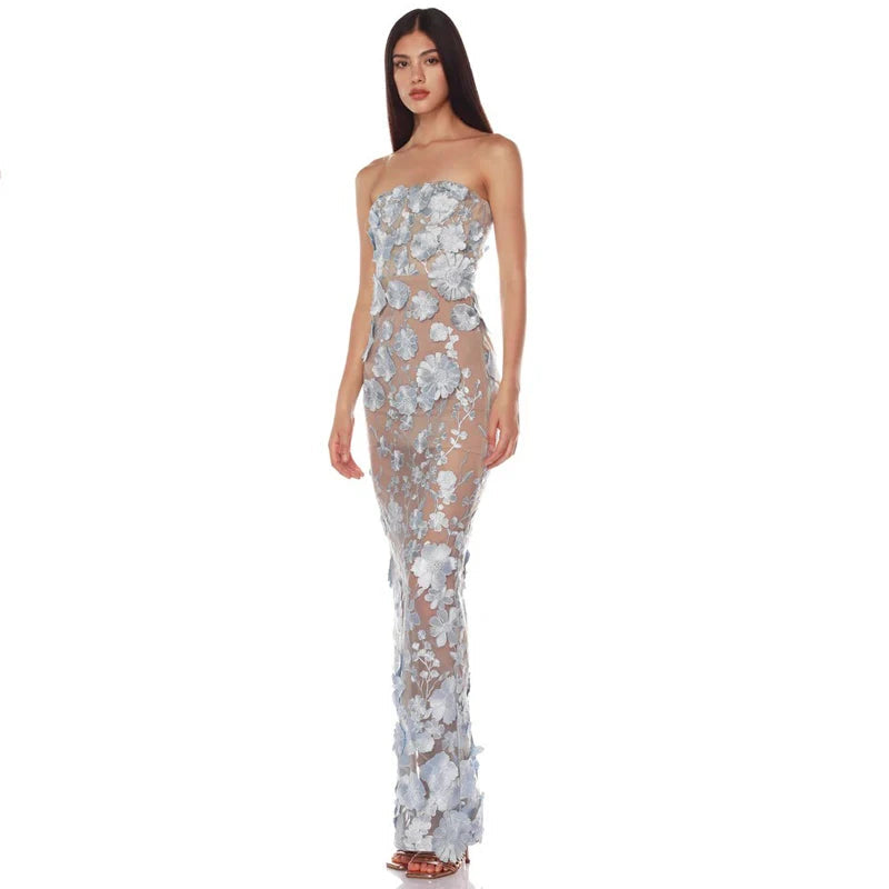 Women's Floral Long Dress | Strapless 3D Embroidered Maxi Gown