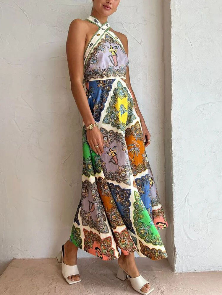 Women's Floral Maxi Dress | Boho Halter Neck & Exotic Print