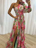 Women's Floral Maxi Dress | One-Shoulder & Side Slit