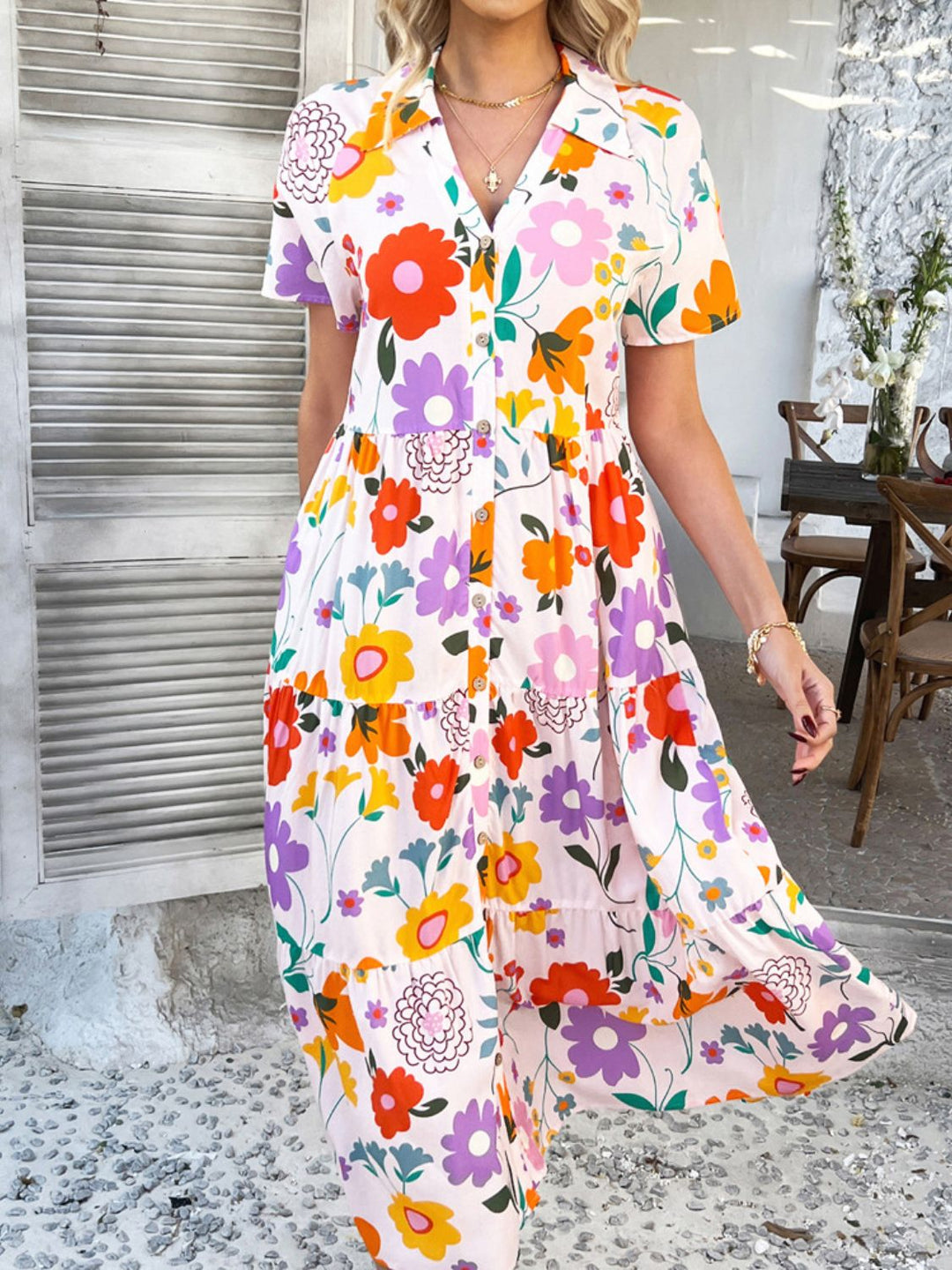 Women's Floral Midi Dress | Tiered & Button-Front
