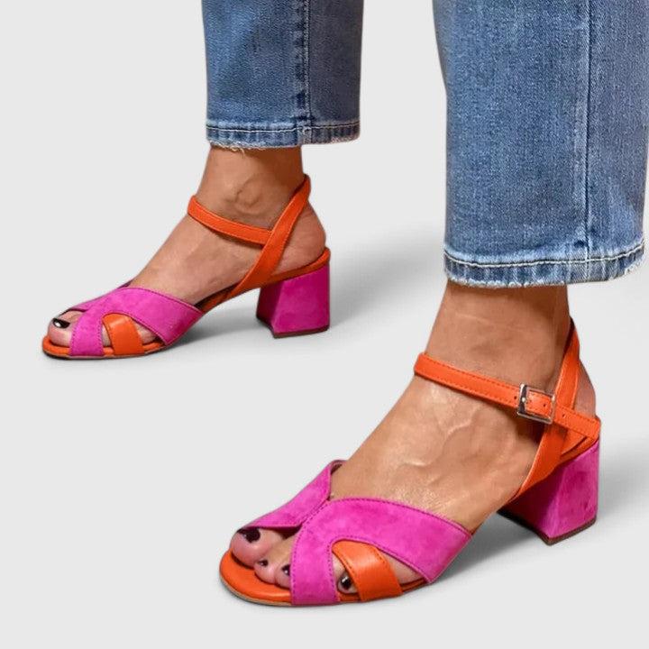 Women's Heeled Sandals | Block Heel Colour Block Ankle Strap
