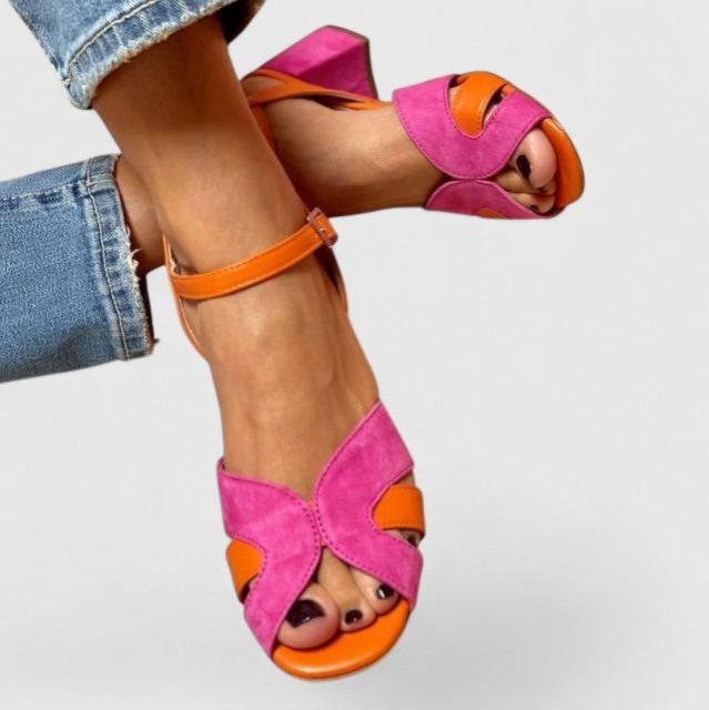Women's Heeled Sandals | Block Heel Colour Block Ankle Strap