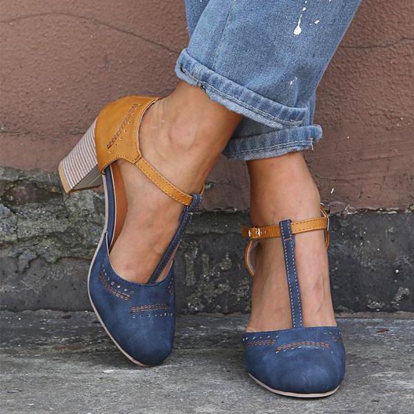 Women's Heels | Colour Block T-Bar Block Heel & Brogue Detail