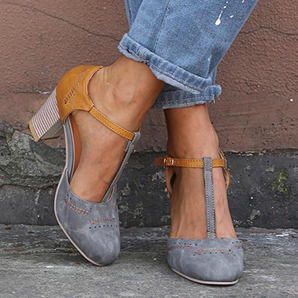 Women's Heels | Colour Block T-Bar Block Heel & Brogue Detail