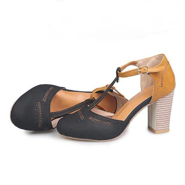 Women's Heels | Colour Block T-Bar Block Heel & Brogue Detail