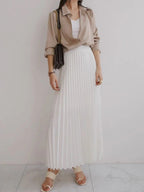 Women's Long Skirt | Pleated Satin High Waist Midi Skirt