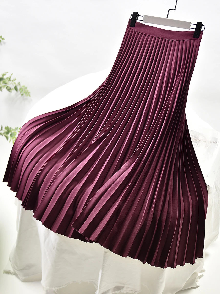Women's Long Skirt | Pleated Satin High Waist Midi Skirt