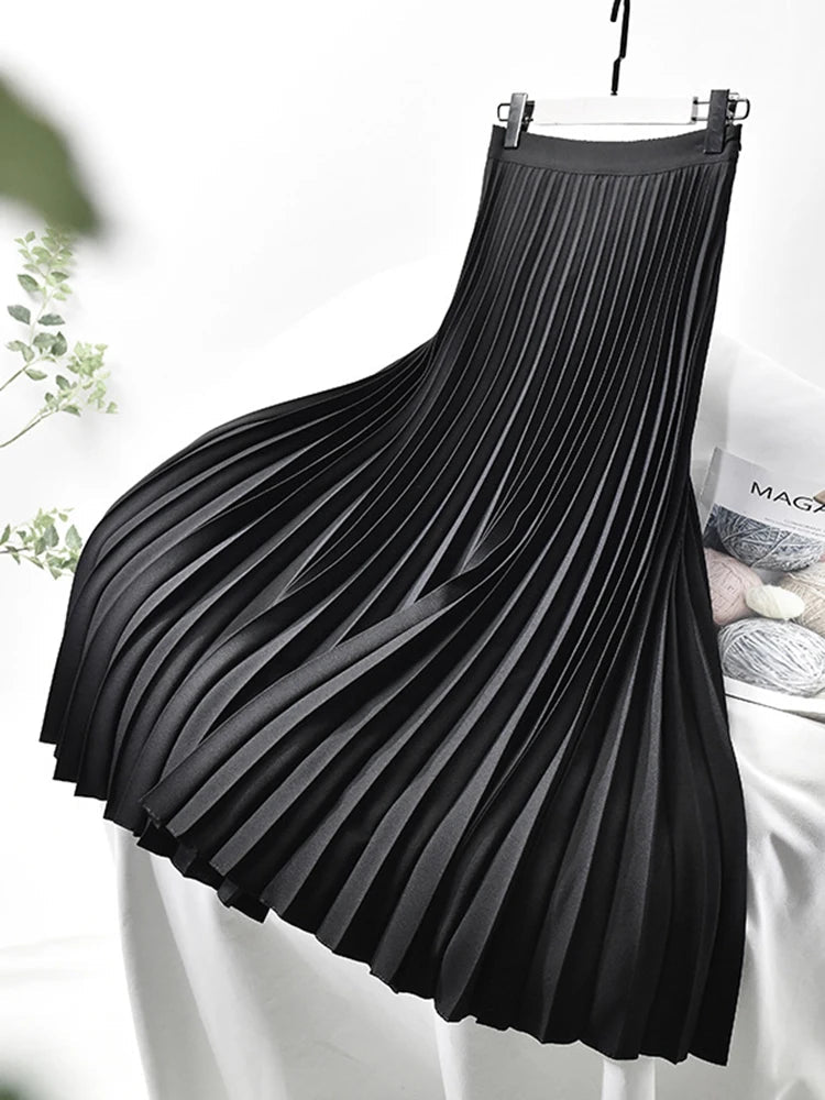 Women's Long Skirt | Pleated Satin High Waist Midi Skirt