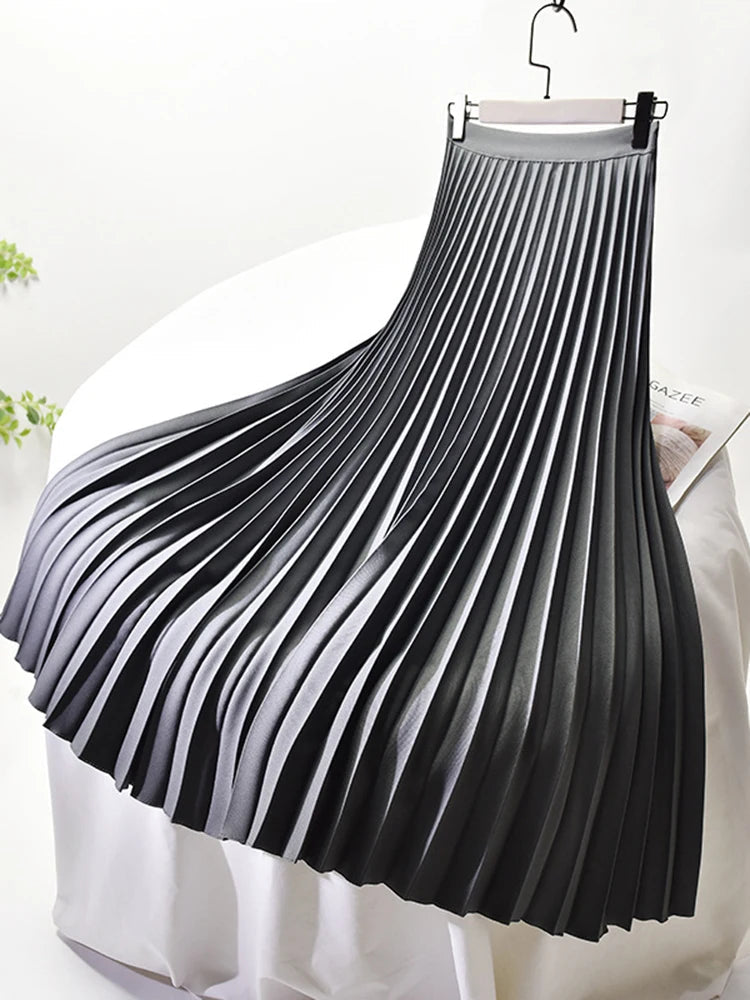 Women's Long Skirt | Pleated Satin High Waist Midi Skirt